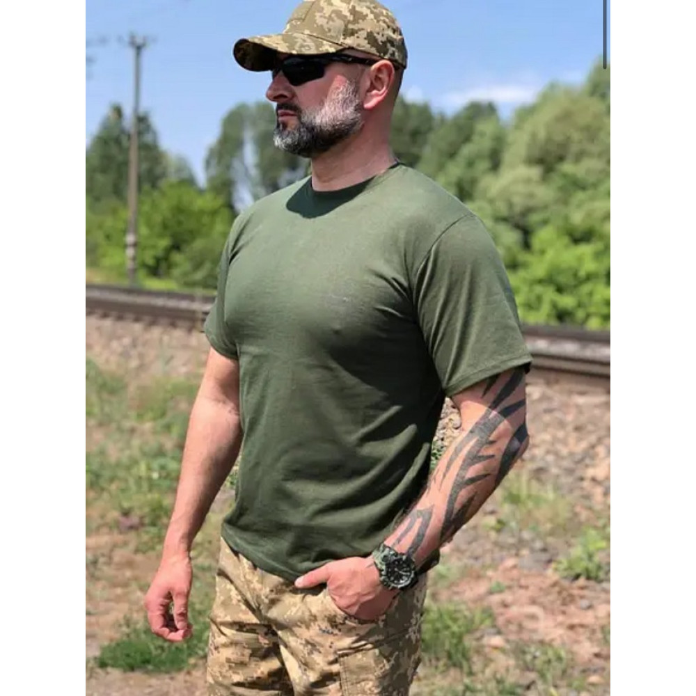 Футболка однотонна ОПТ хакі олива олива зелена щільна Service Odyag 100% бавовна